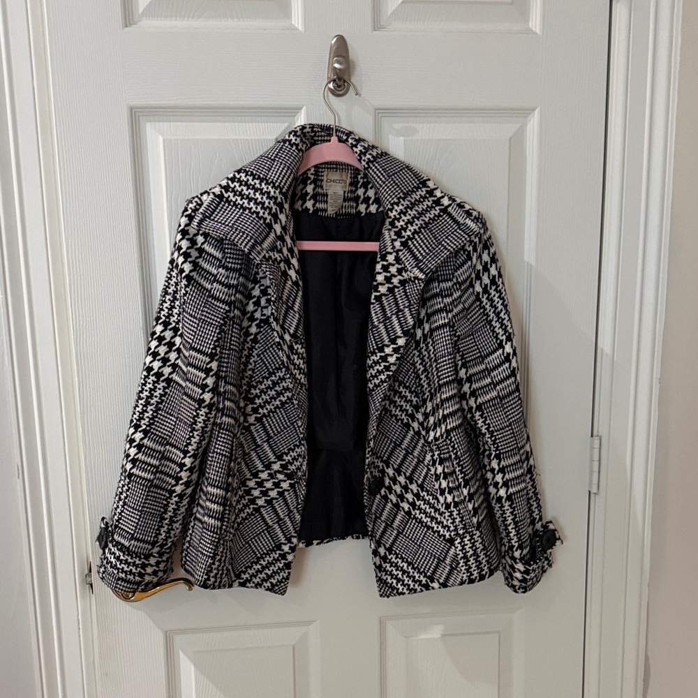 VINTAGE Chico's Black and White Patterned Jacket silver purple size 1 medium - Picture 2 of 6